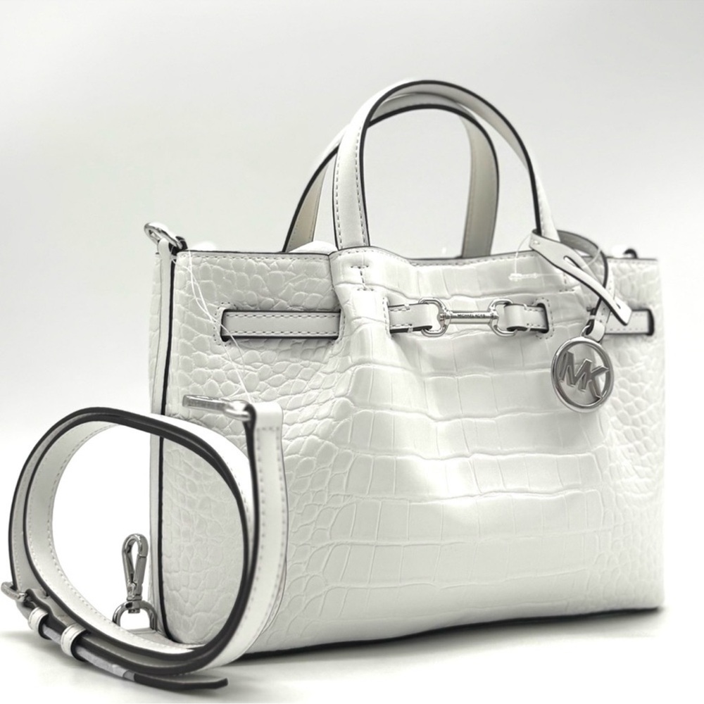 Michael Kors Carson Small Crocodile Embossed Satchel Bag Optic White Leather